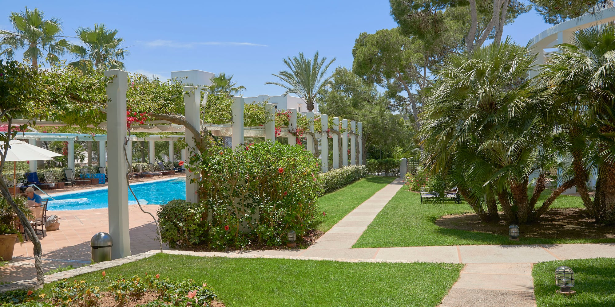a pool with trees and bushes