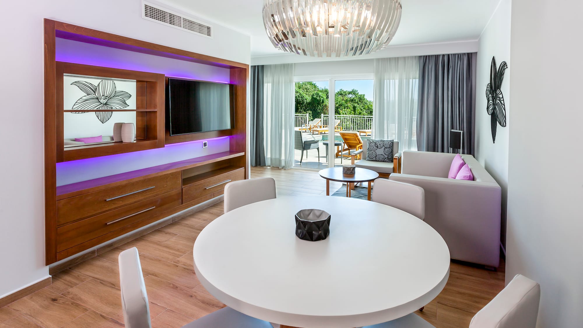 a room with a table and chairs