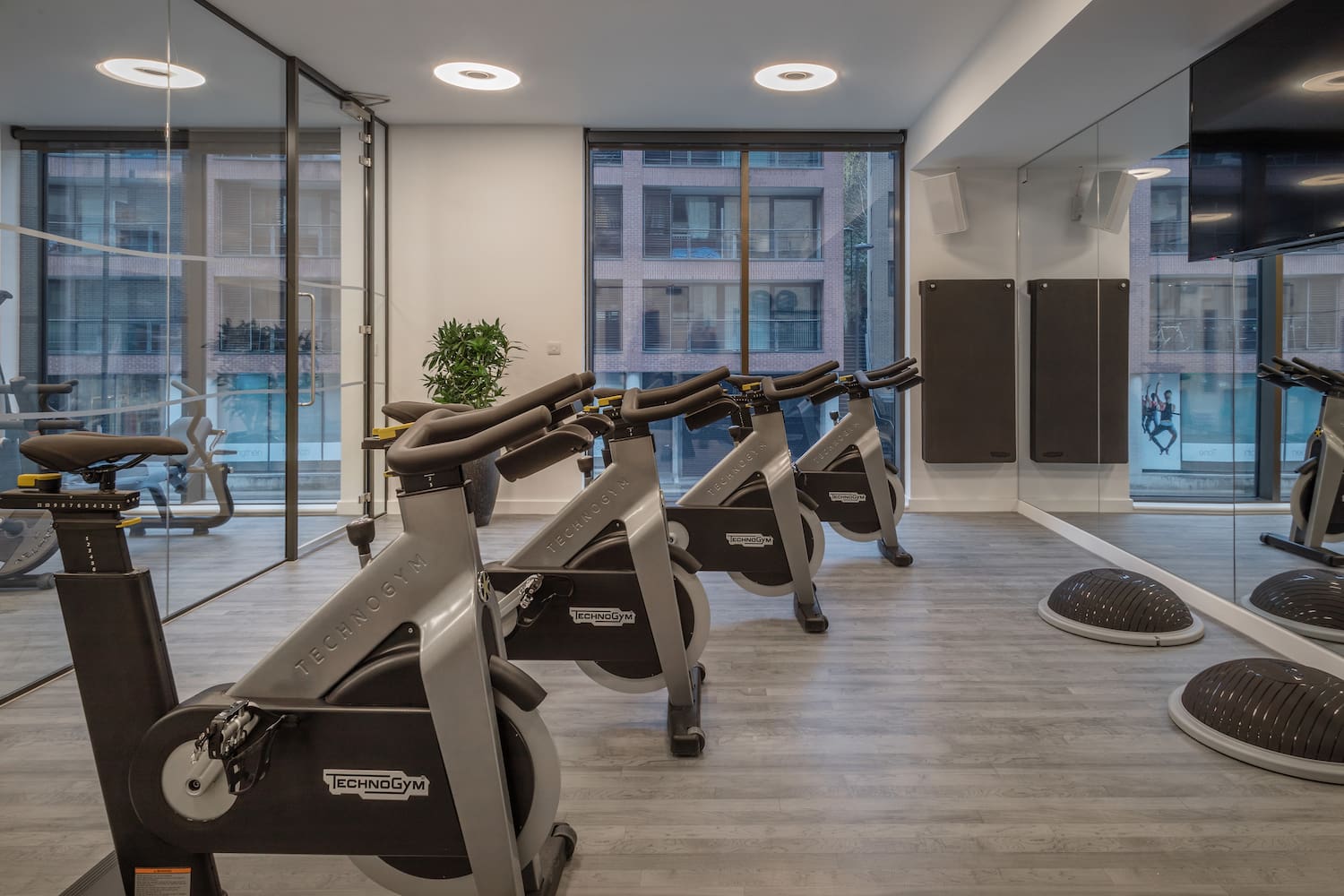 a room with exercise bikes