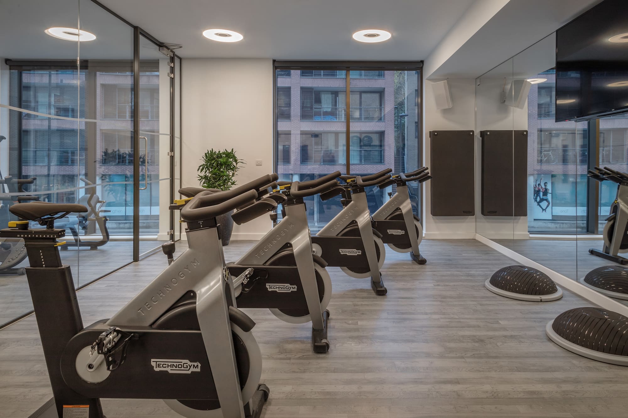 a room with exercise bikes