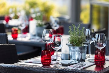 a table with wine glasses and a potted plant