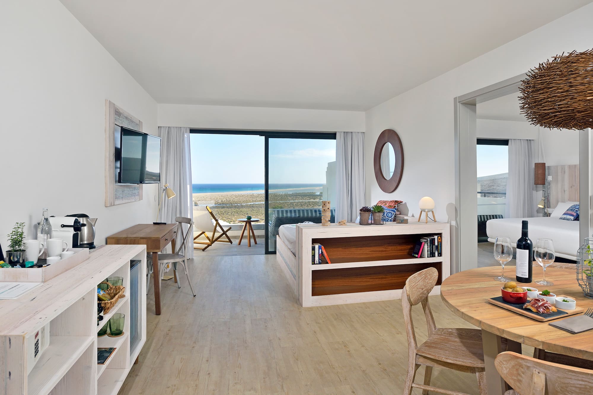 a room with a television and a table