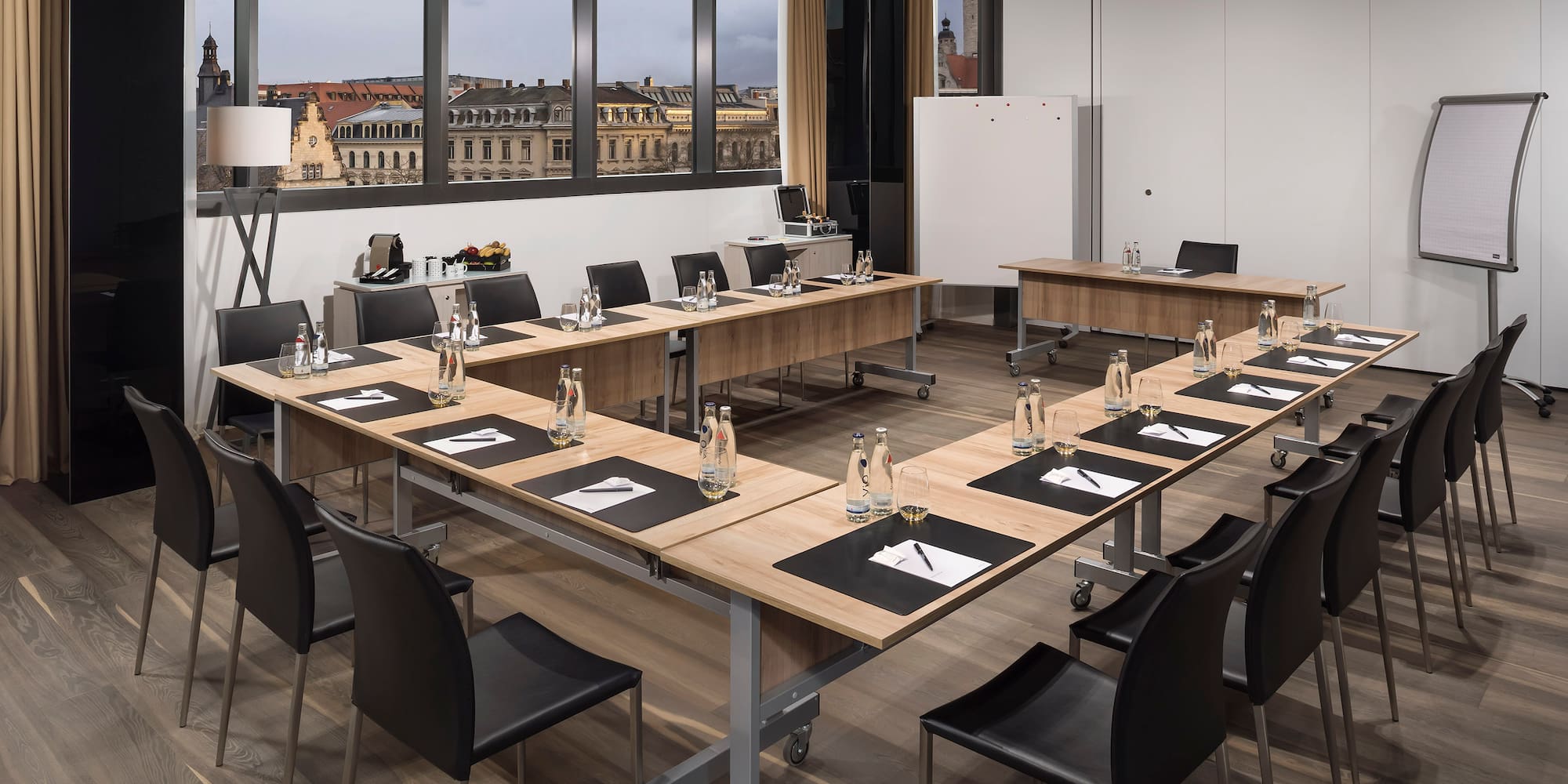 a room with tables and chairs