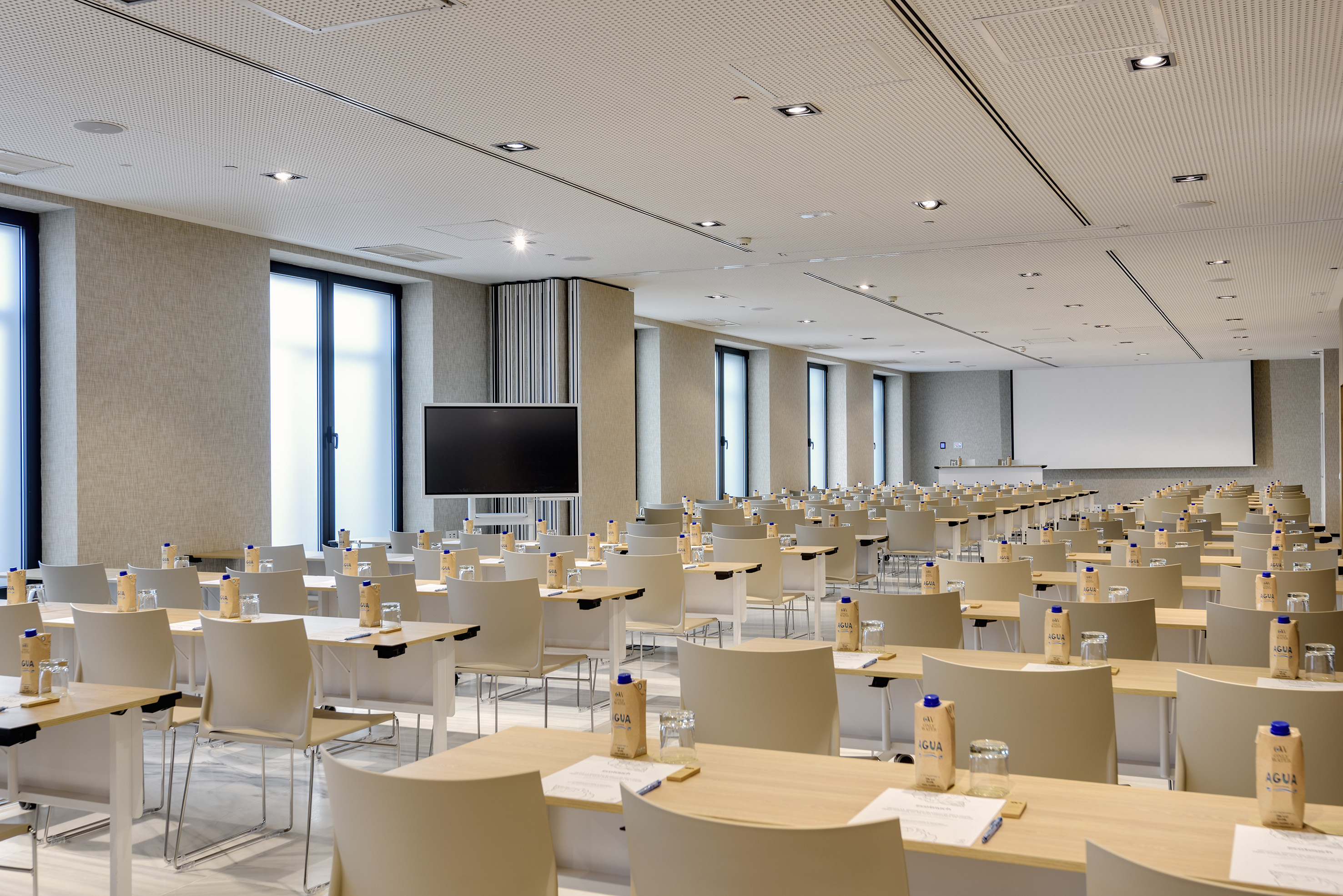 a room with tables and chairs