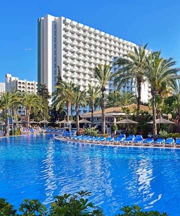 a pool with palm trees and a building in the background