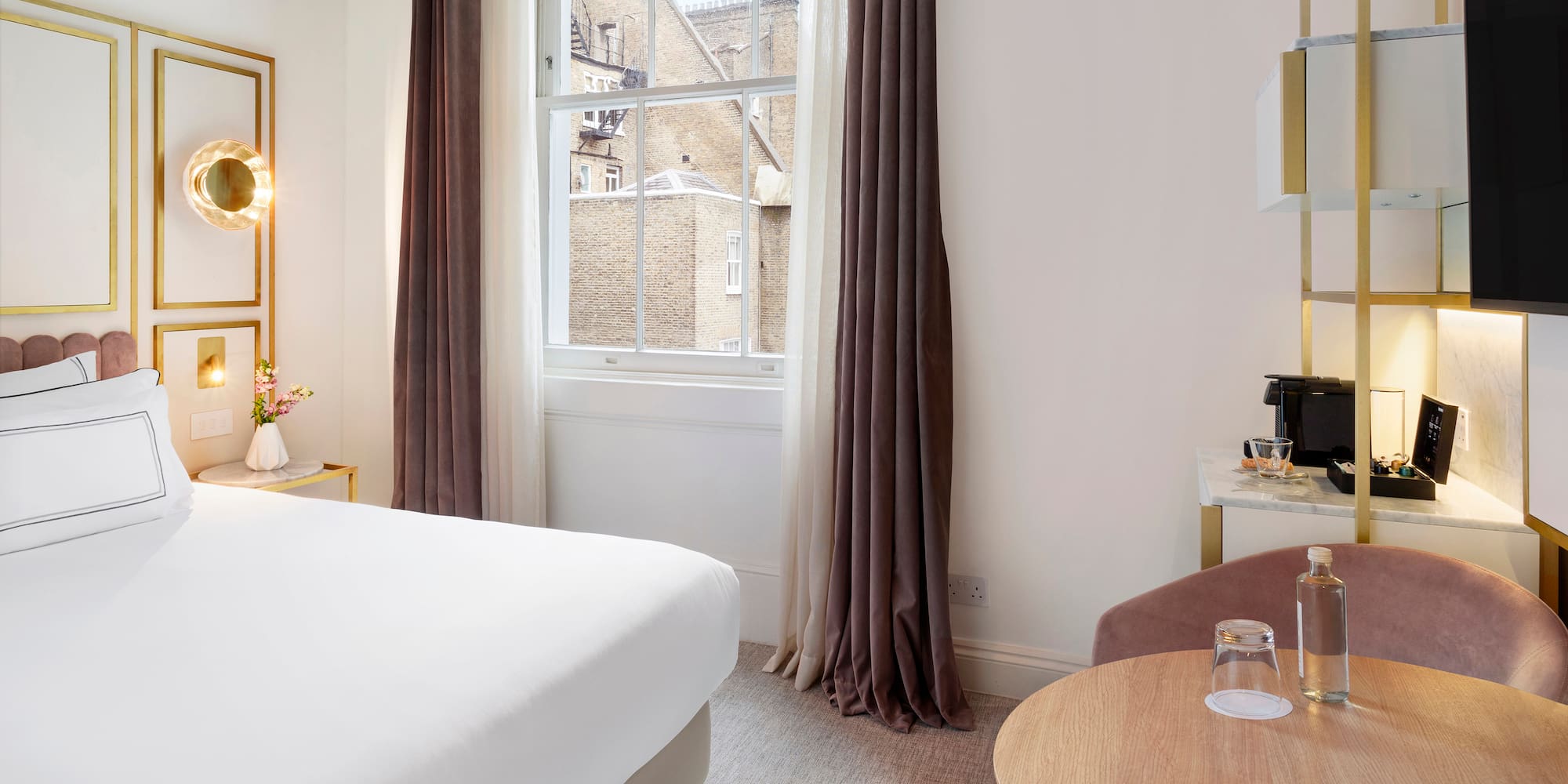 a room with a bed and a table