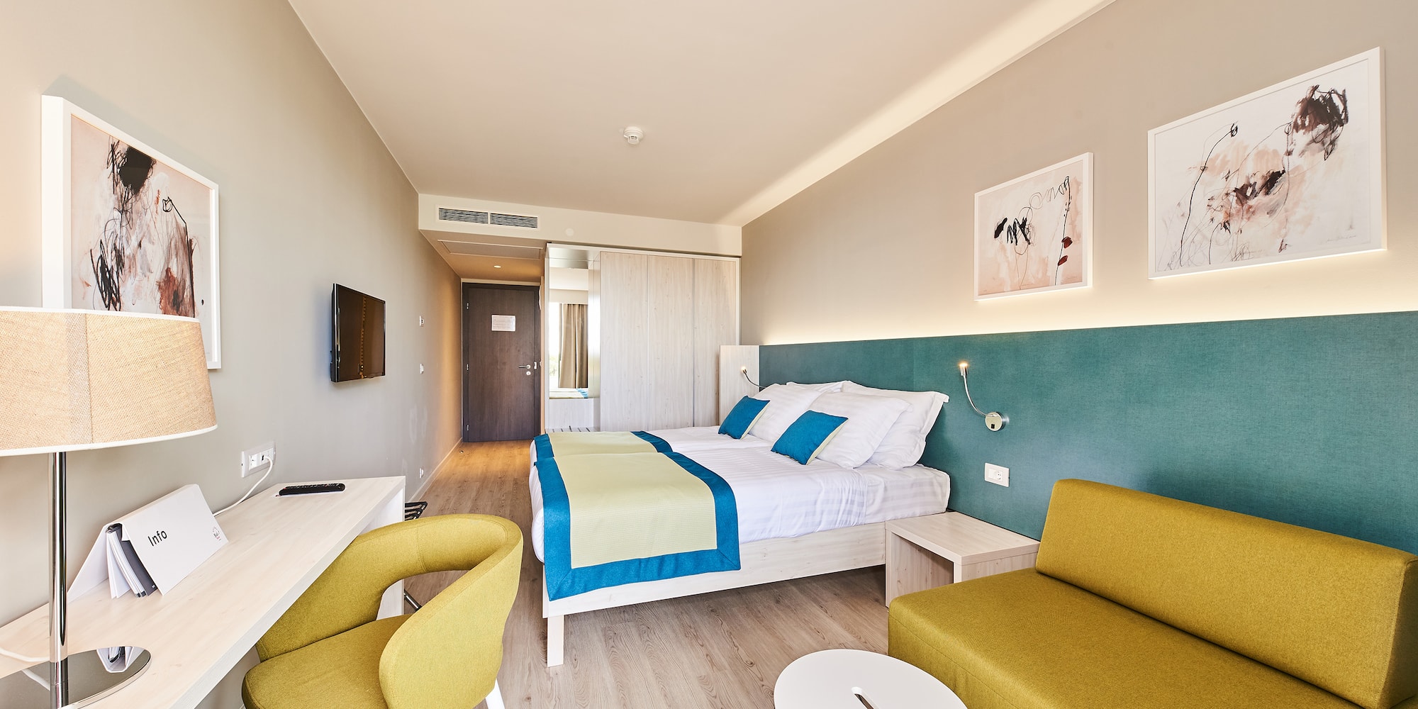 a room with a bed and a table