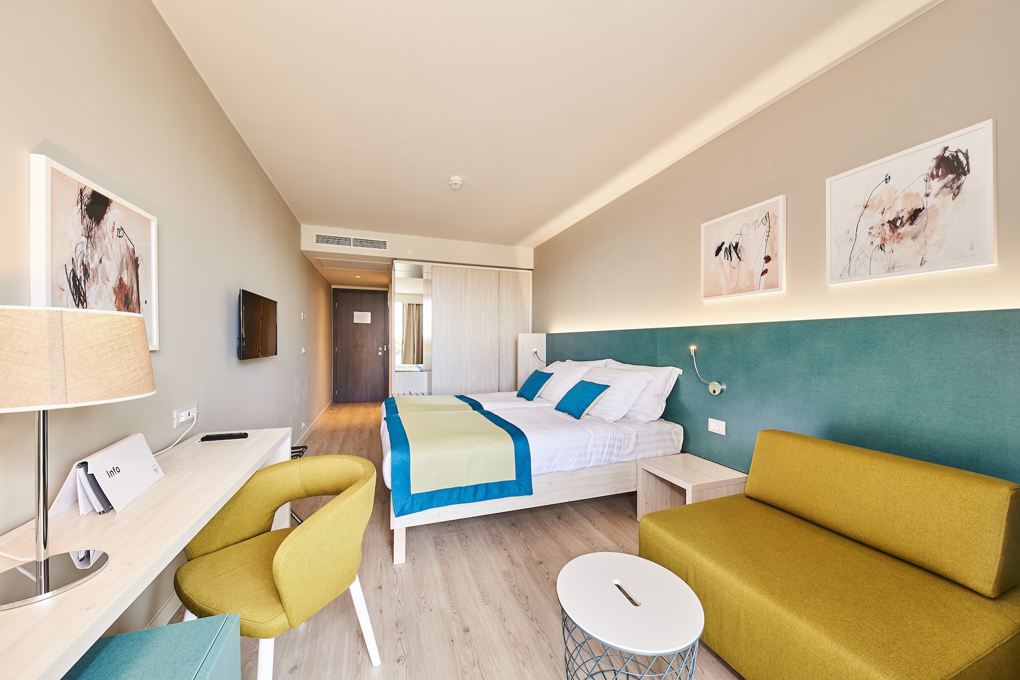 a room with a bed and a table