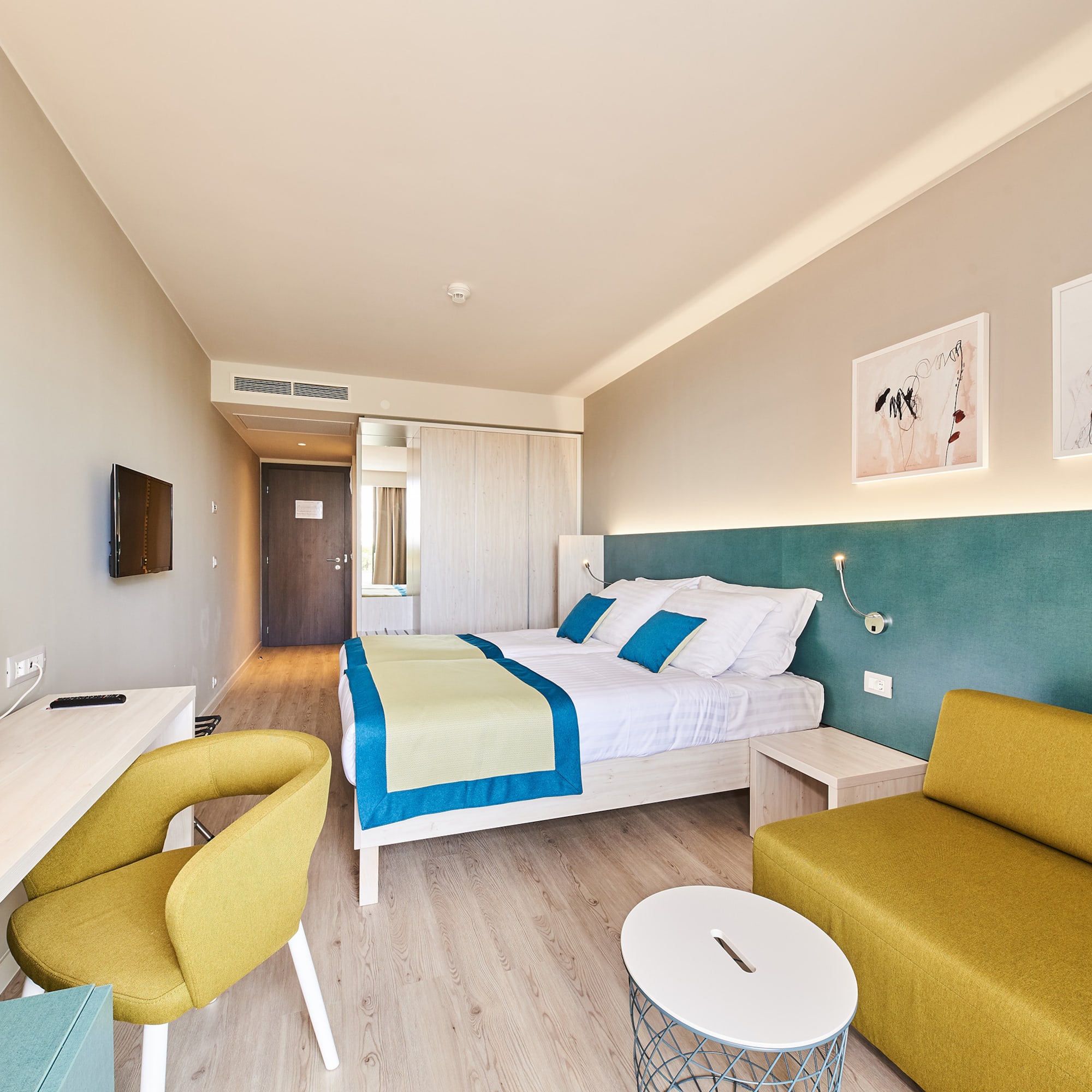 a room with a bed and a table