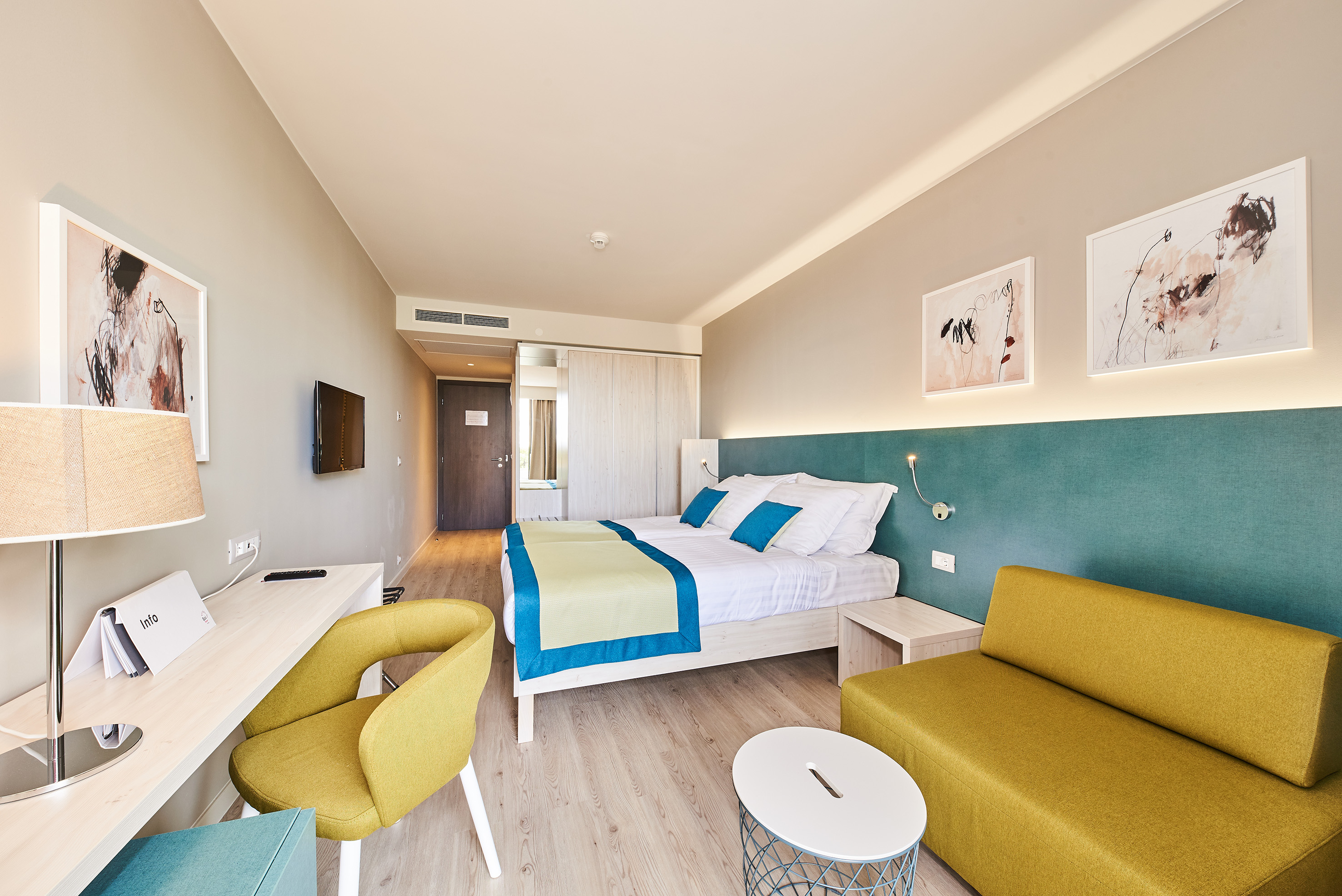 a room with a bed and a table