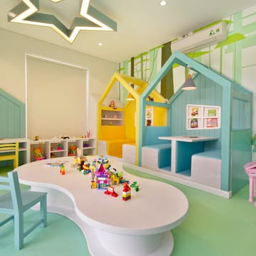 a room with a table and chairs