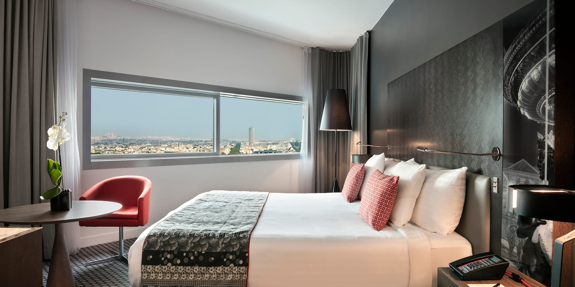 a room with a bed and a table