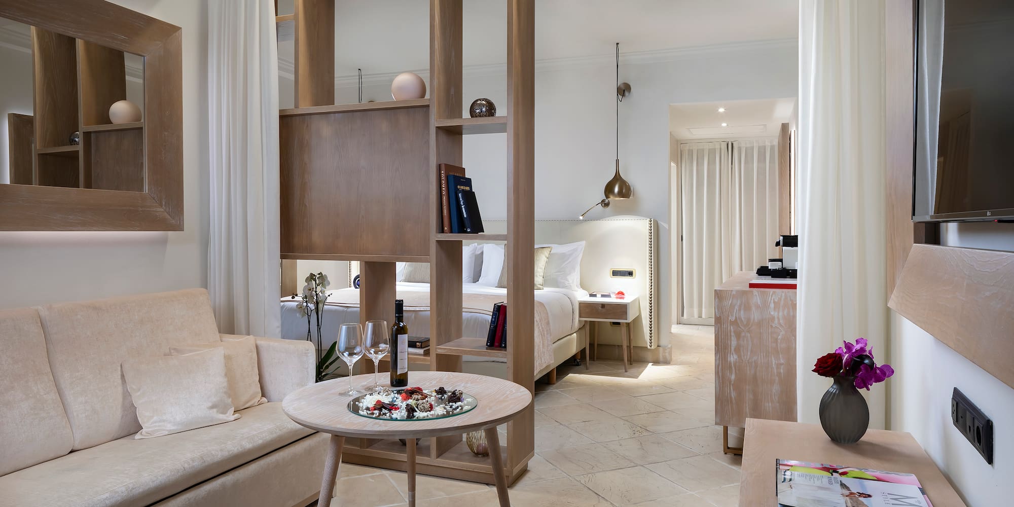 a room with a couch and a table