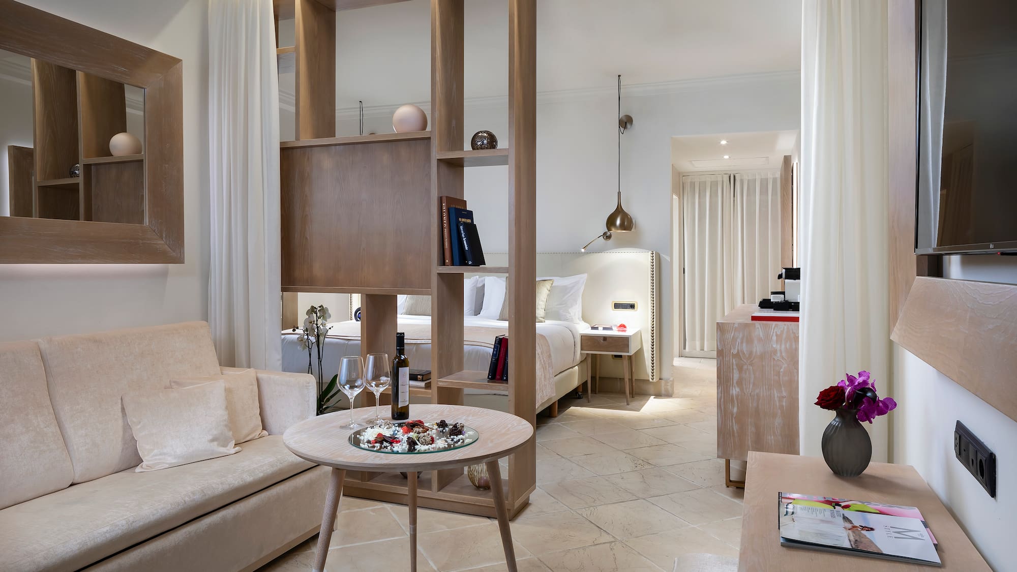 a room with a couch and a table