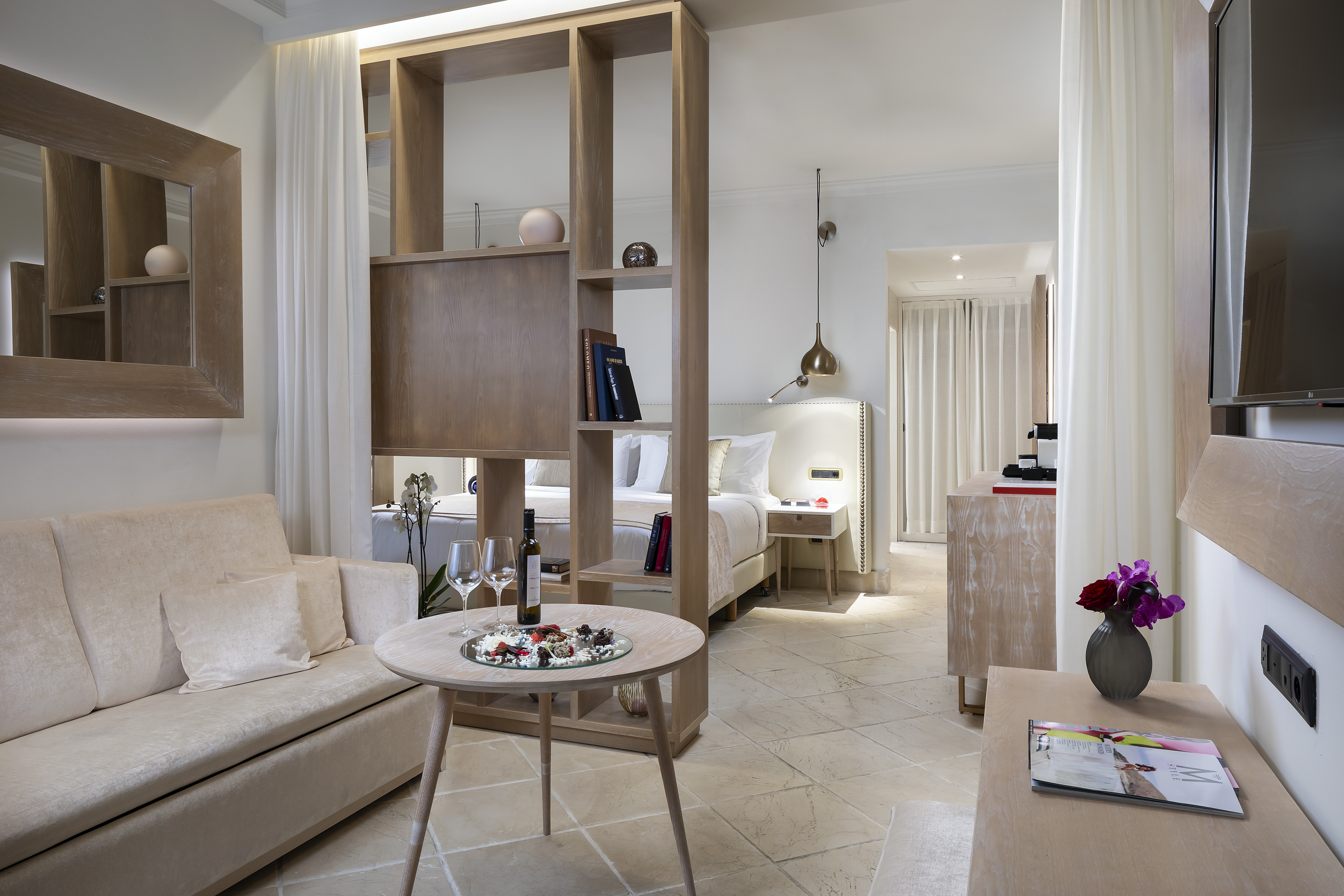 a room with a couch and a table