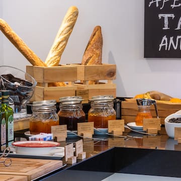 a counter with food and drinks on it