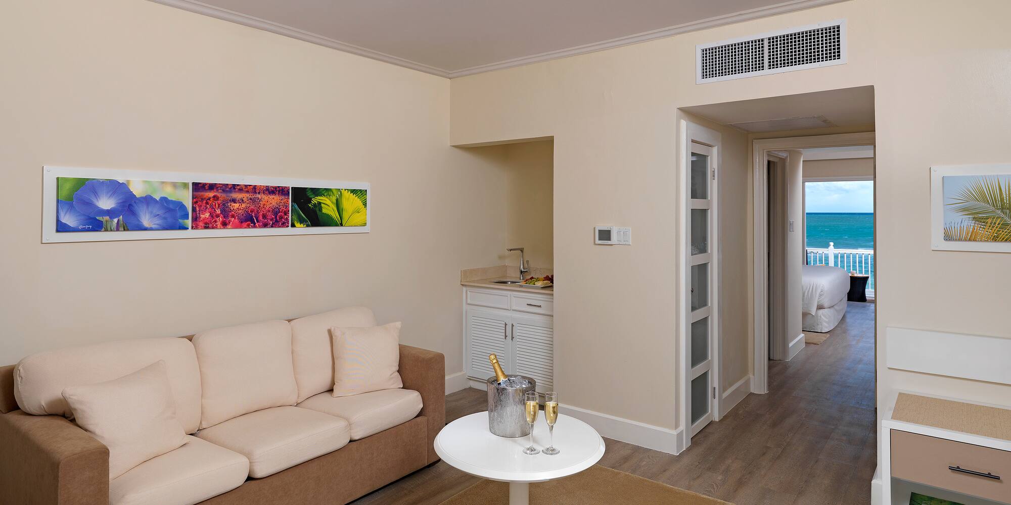 a living room with a couch and a table