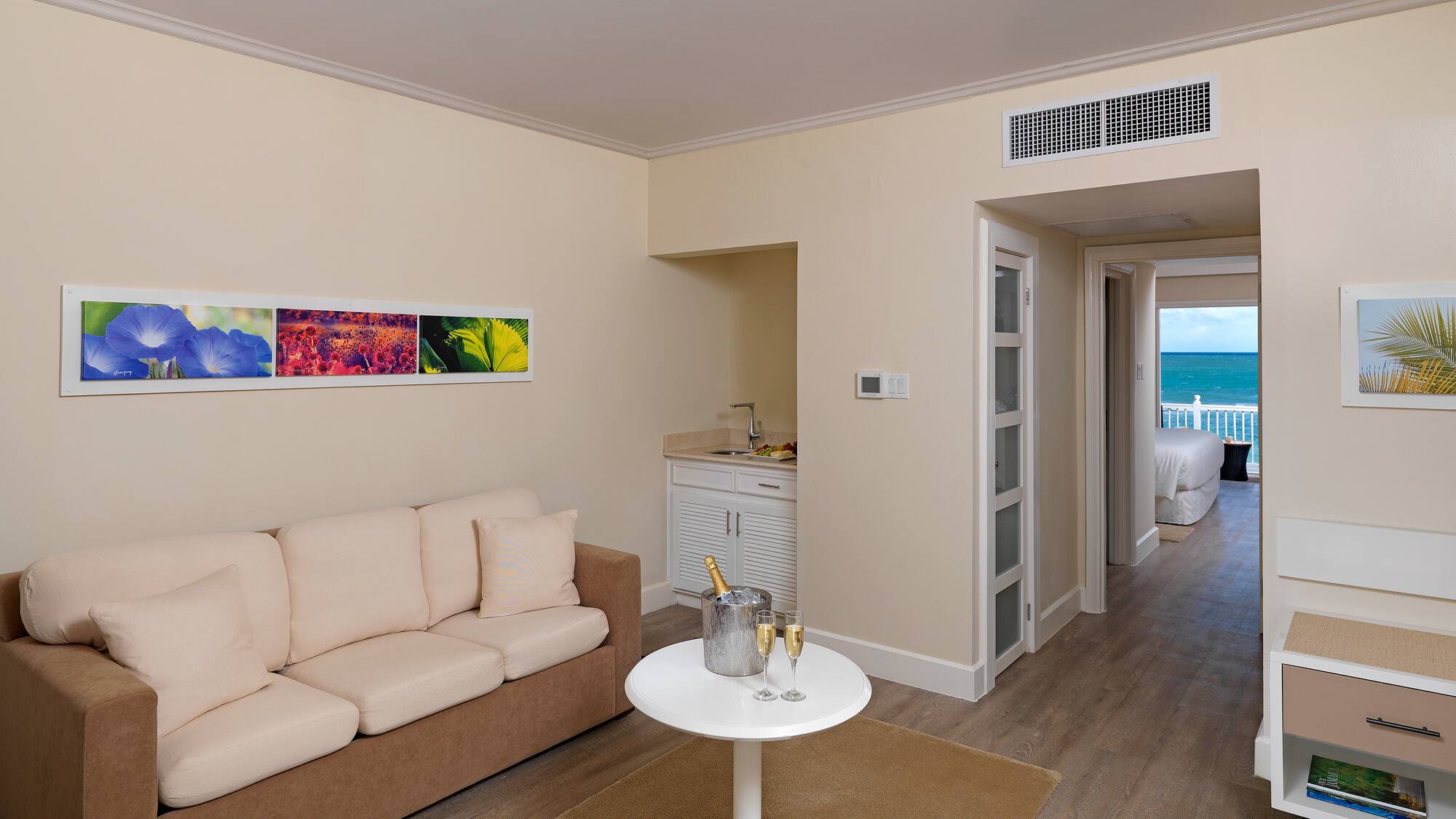 a living room with a couch and a table