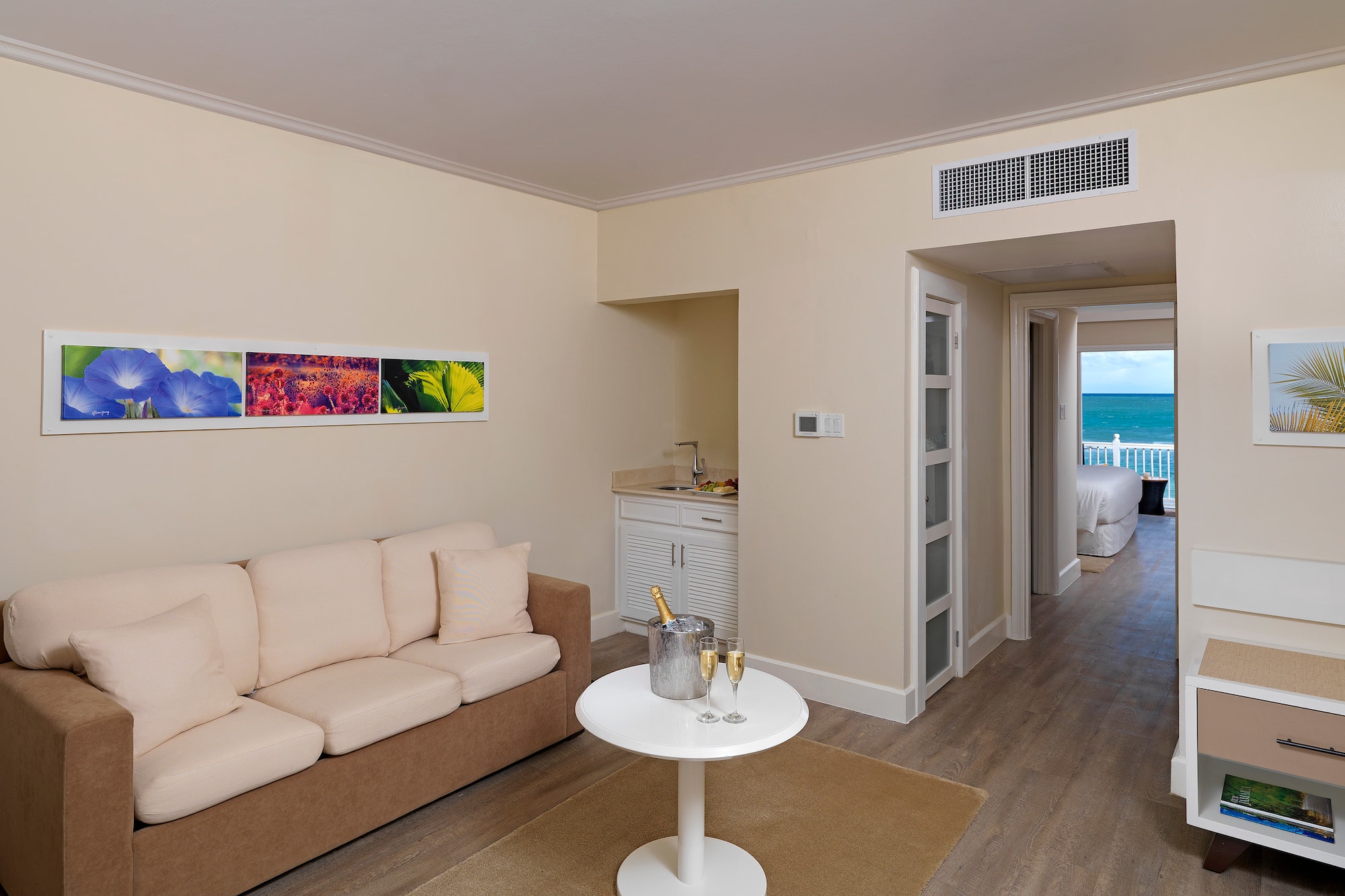 a living room with a couch and a table