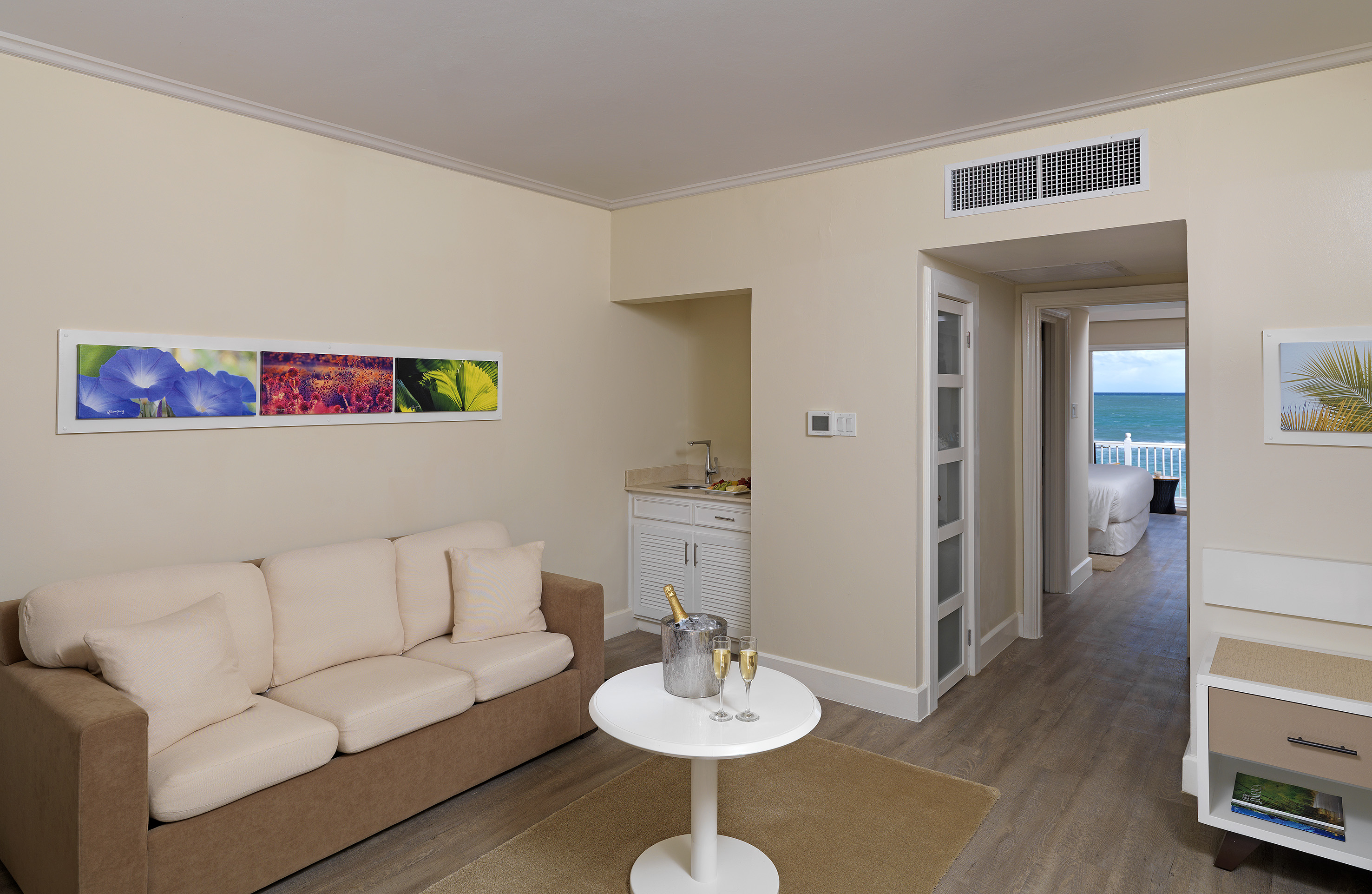 a living room with a couch and a table