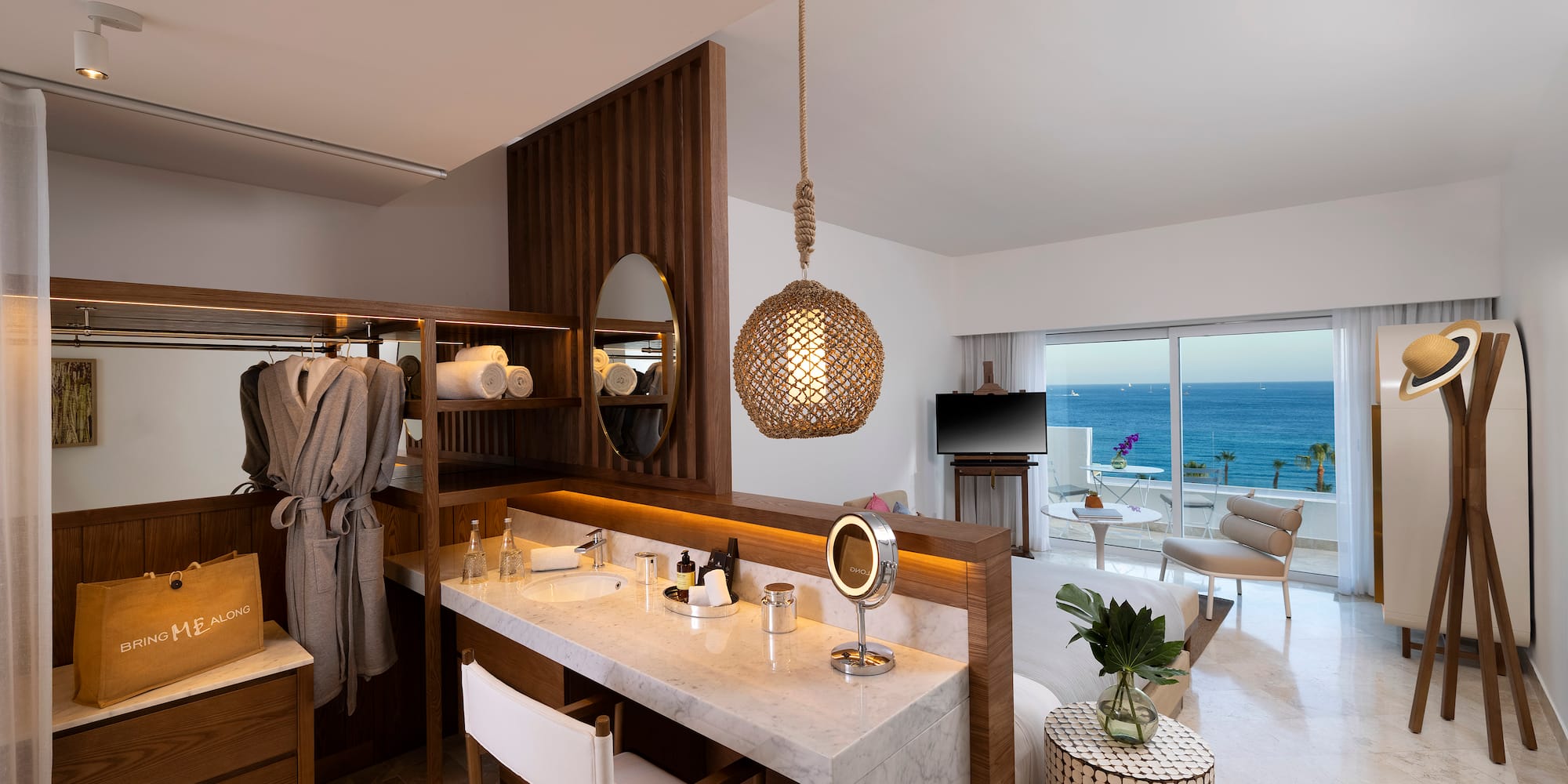 a room with a large mirror and a large table