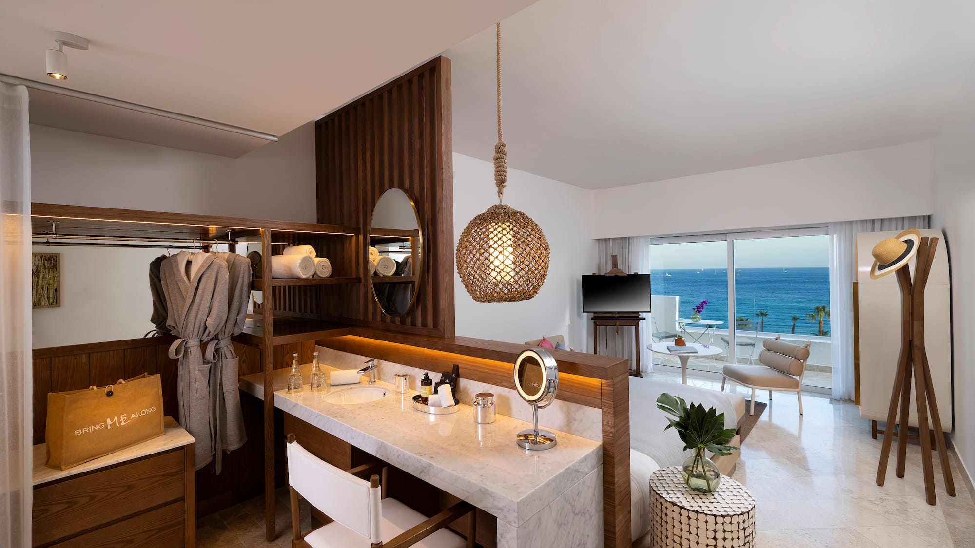 a room with a large mirror and a large table