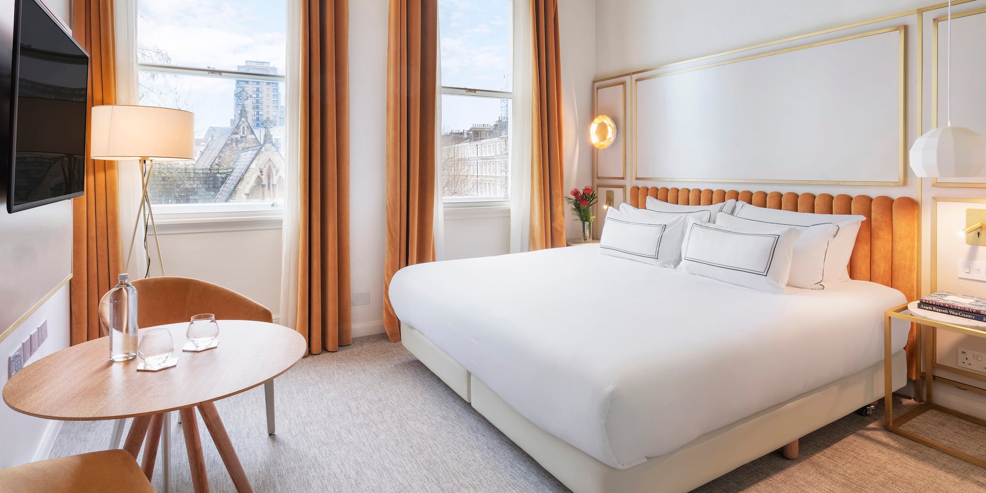 a room with a bed and a table