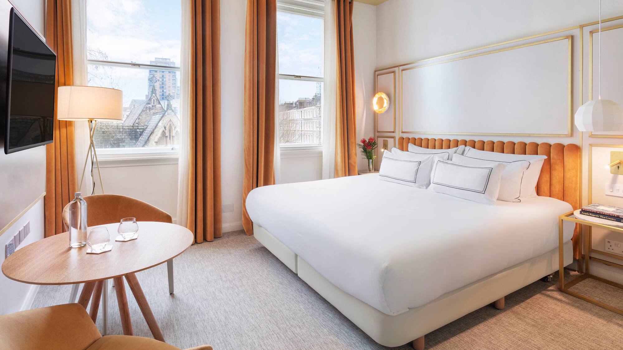 a room with a bed and a table