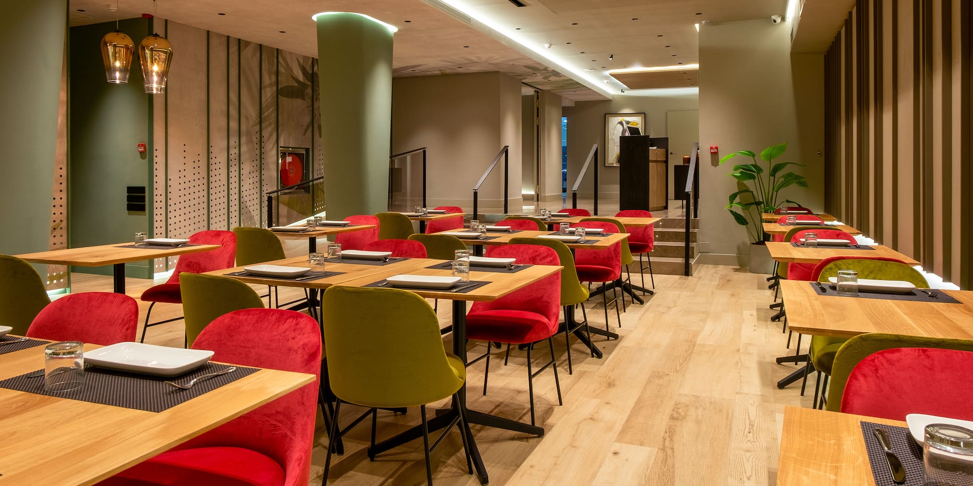 a room with tables and chairs