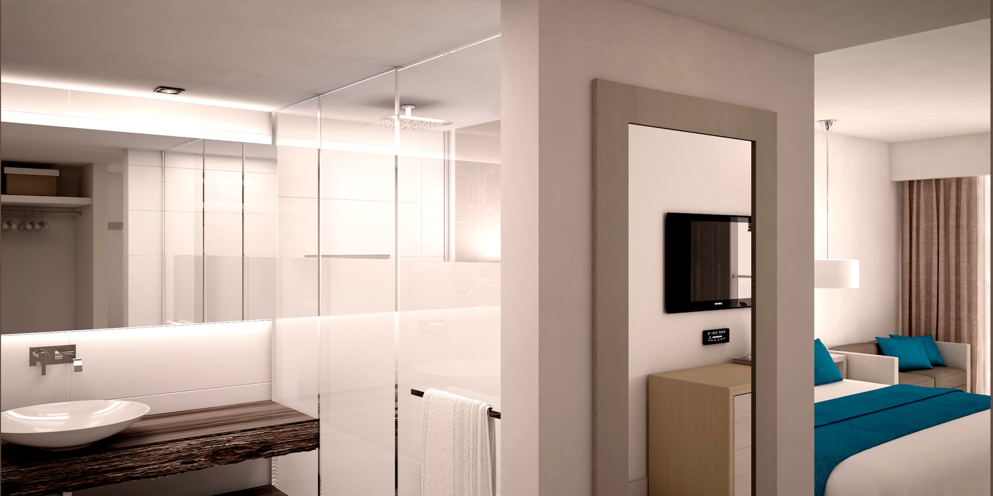 a bathroom with a glass shower door