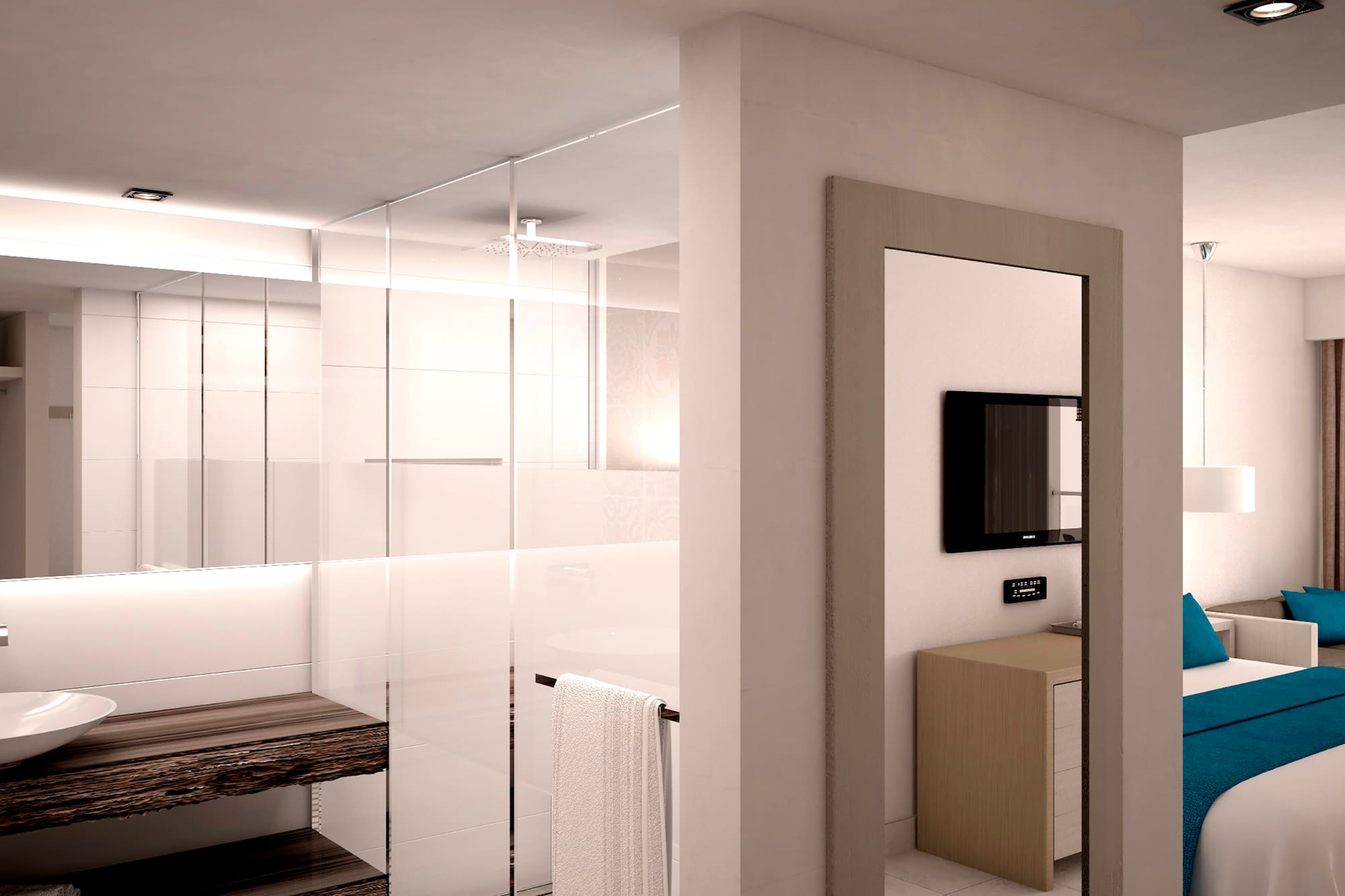 a bathroom with a glass shower door