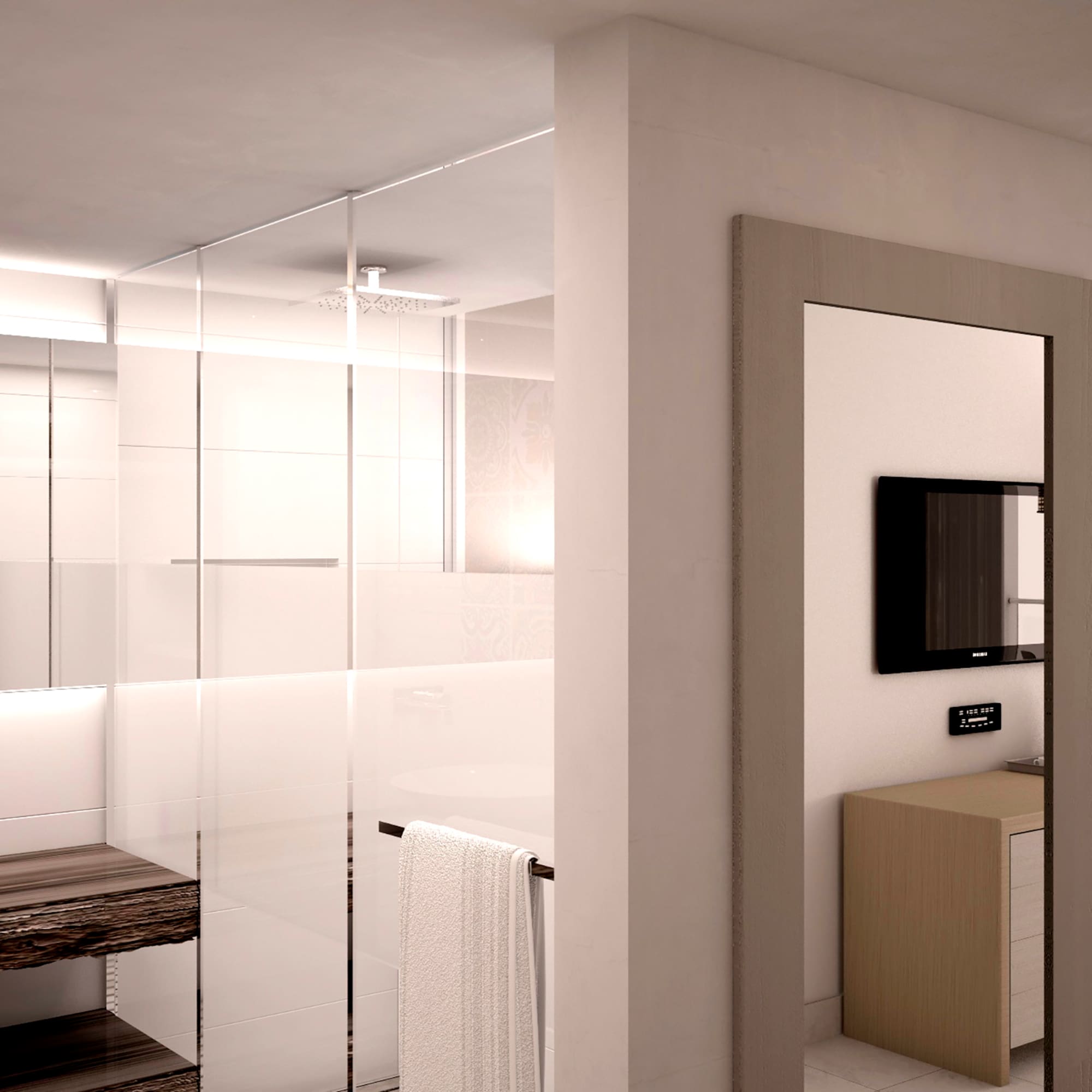 a bathroom with a glass shower door