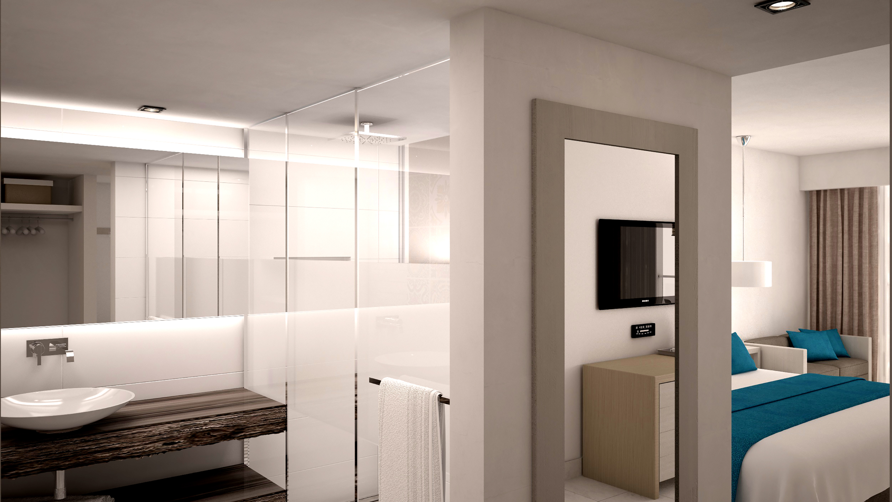 a bathroom with a glass shower door