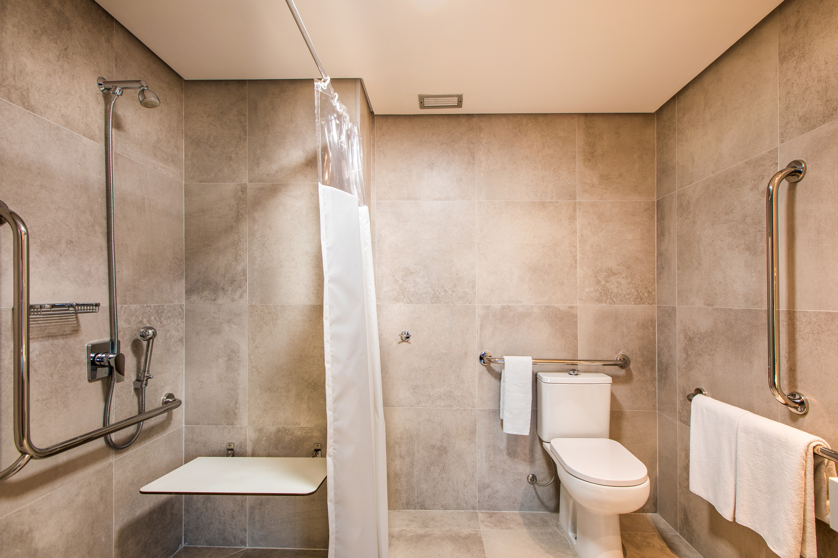 Accessible bathroom: roll-in shower, fold-down seat, grab bars, toilet.