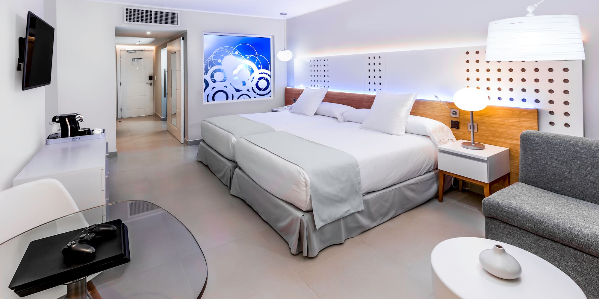 a room with a bed and a table