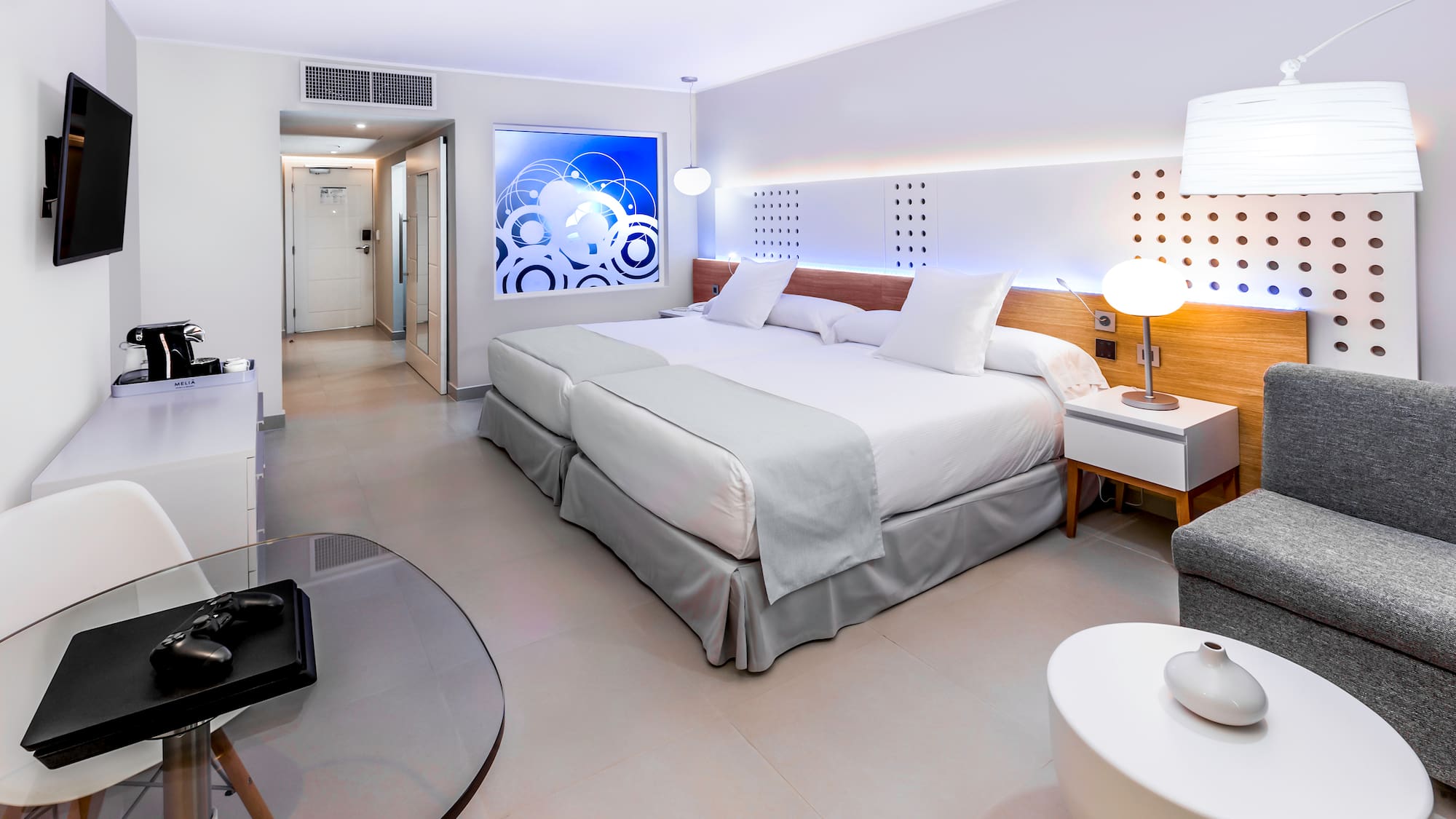 a room with a bed and a table