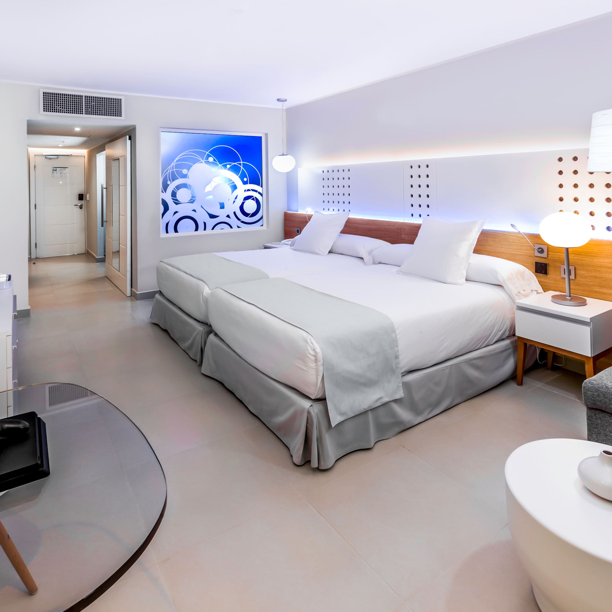 a room with a bed and a table