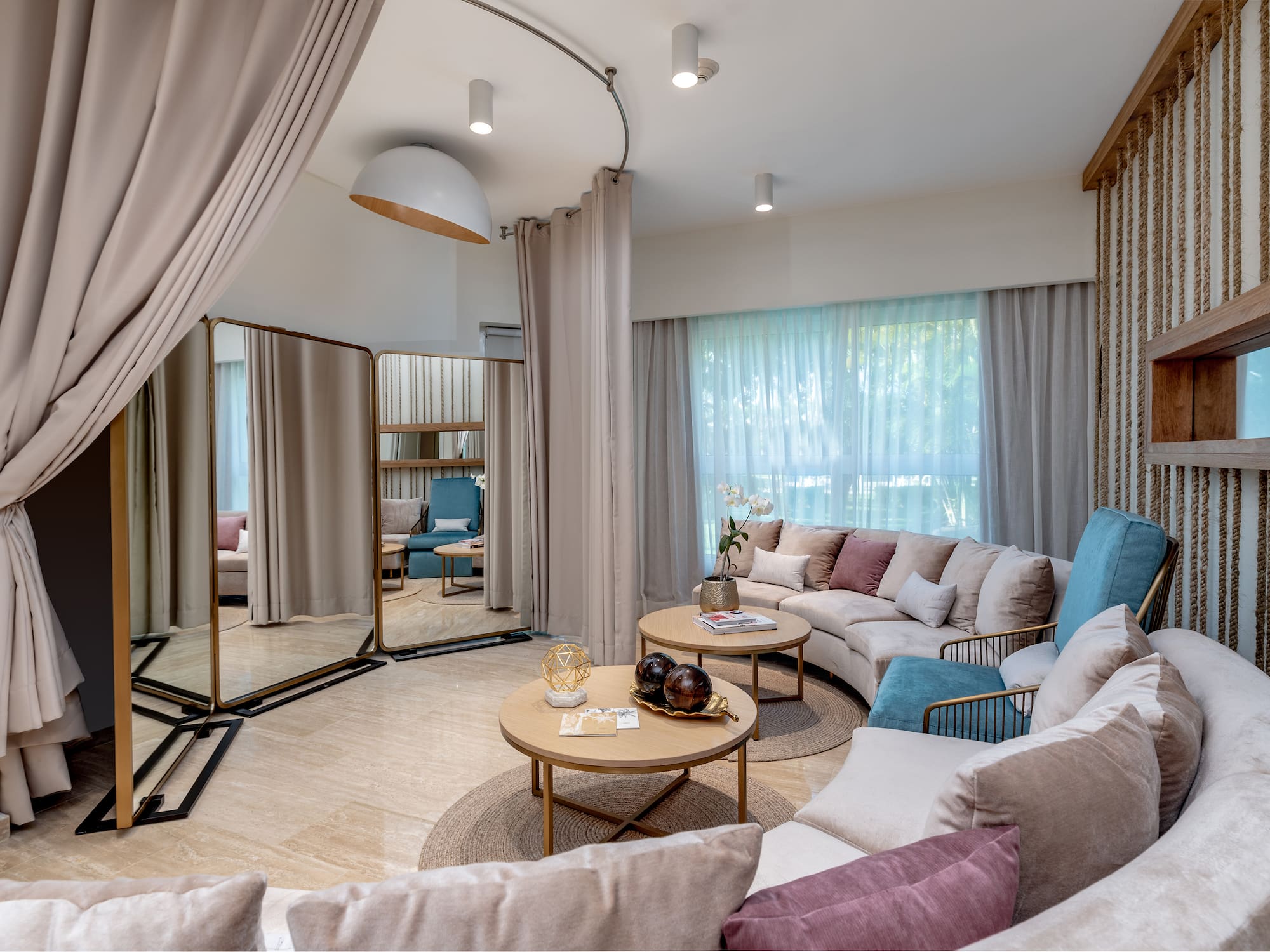 a room with a large mirror and a couch