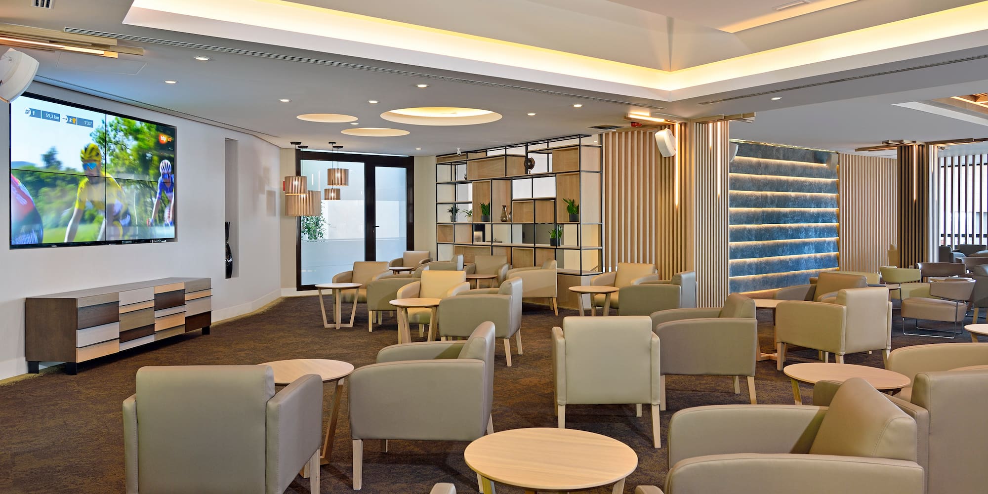 a room with chairs and tables