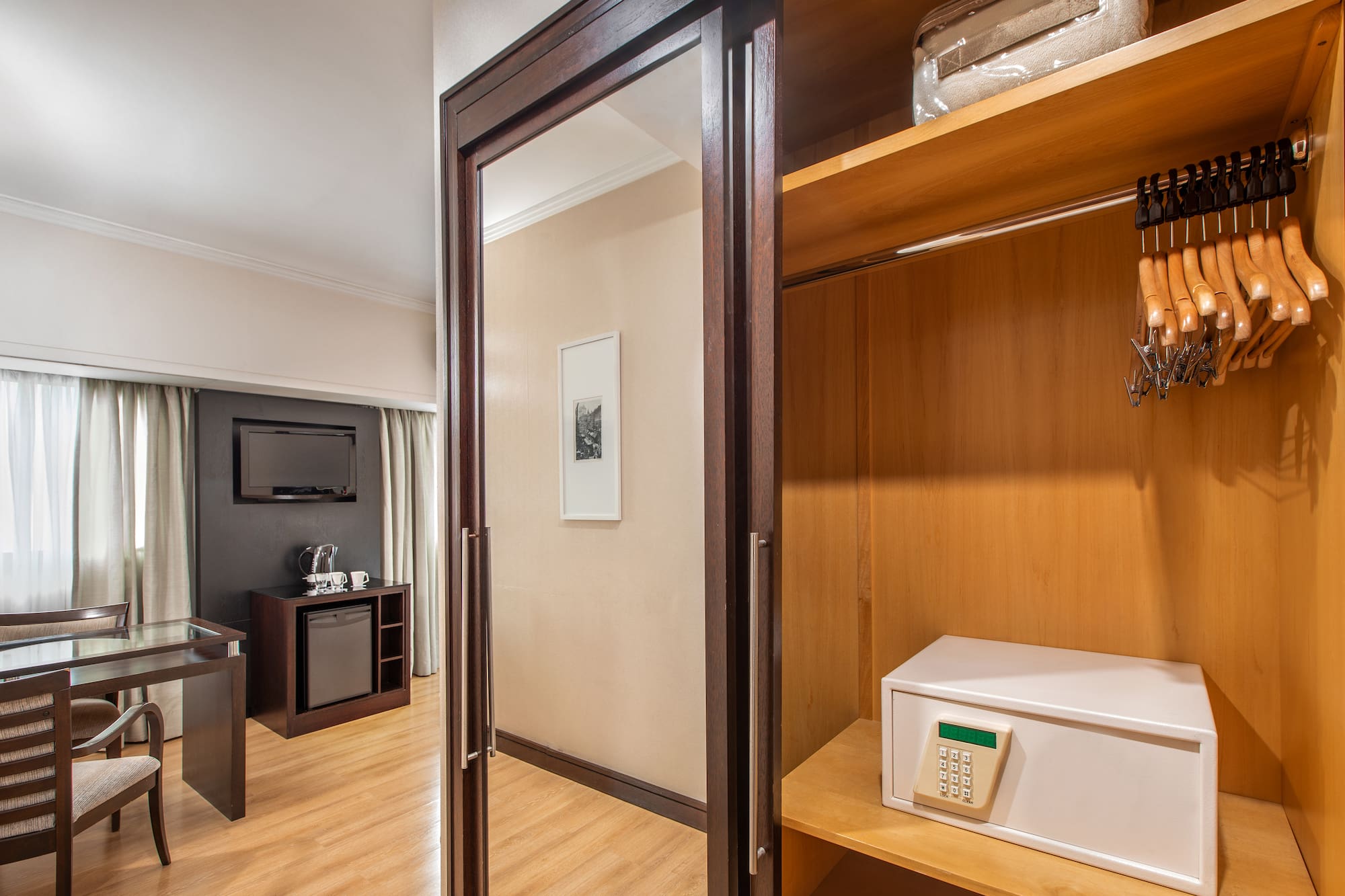 a room with a closet and a television