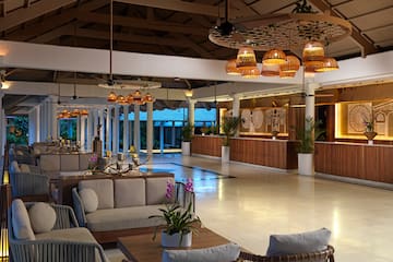 a lobby with a large reception area