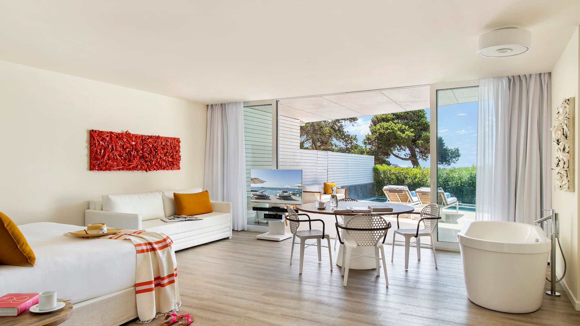 a room with a table and chairs