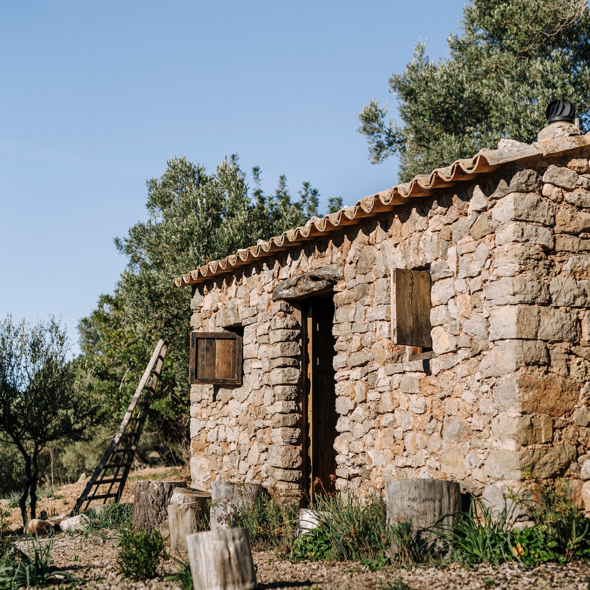 a stone building with a ladder