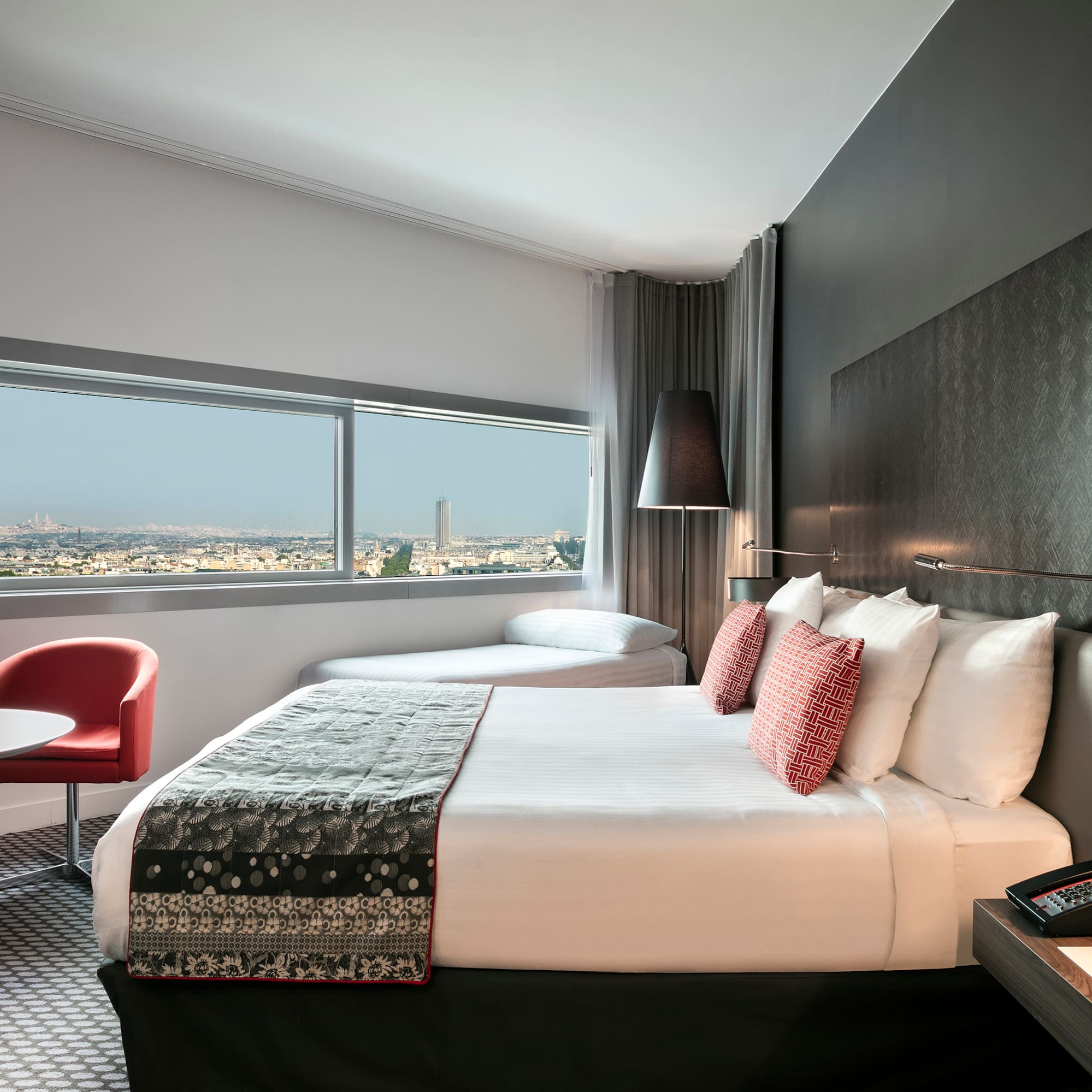 a room with a bed and a table