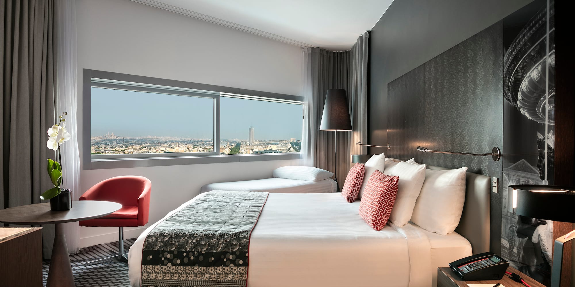 a room with a bed and a table