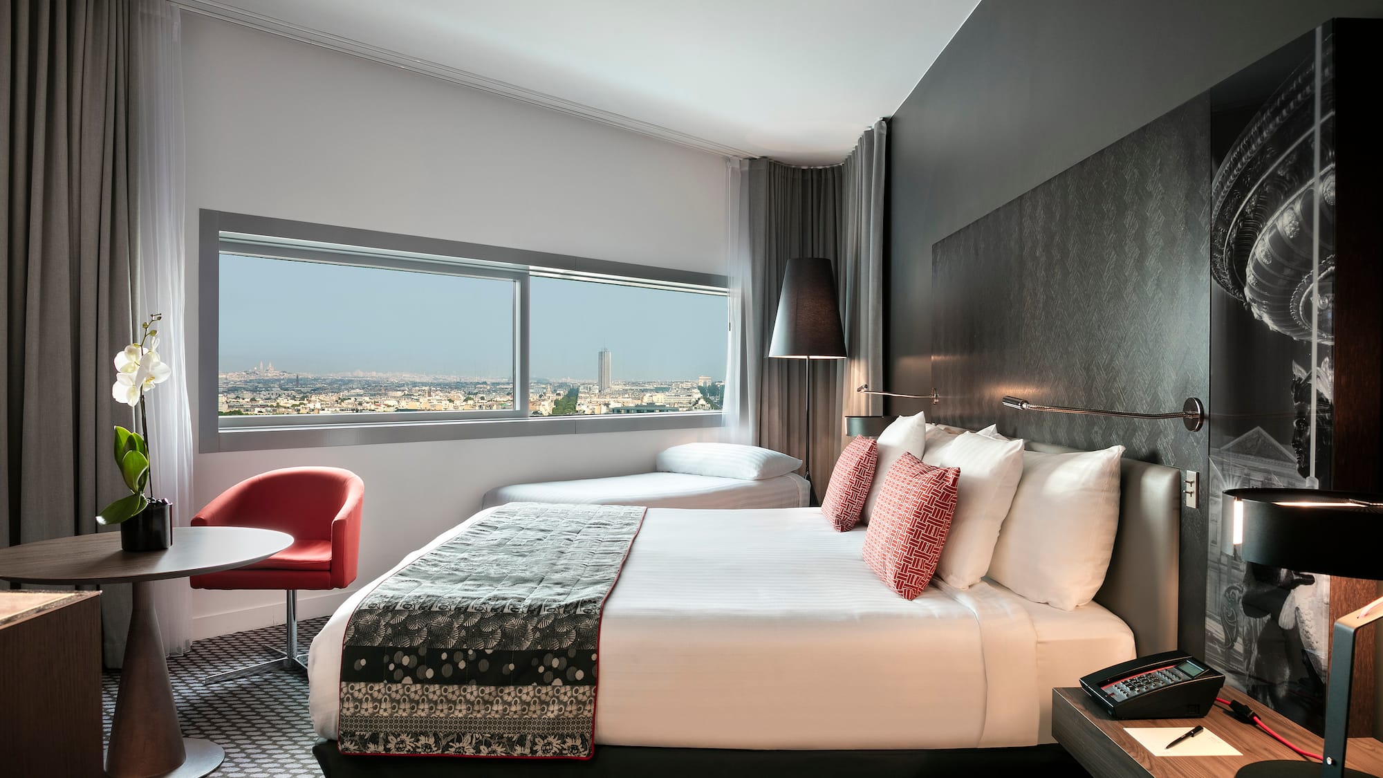 a room with a bed and a table