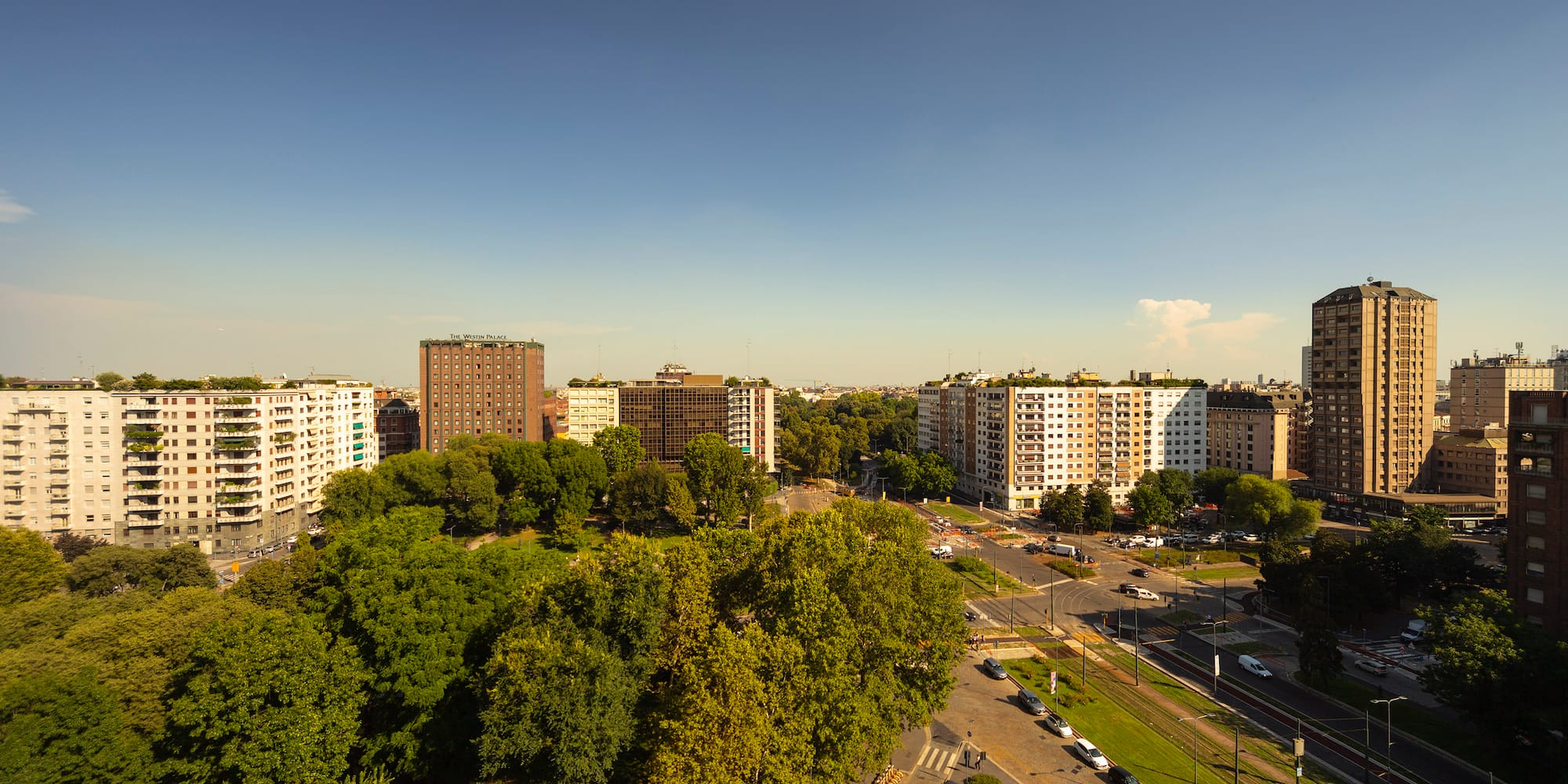 a city with trees and buildings