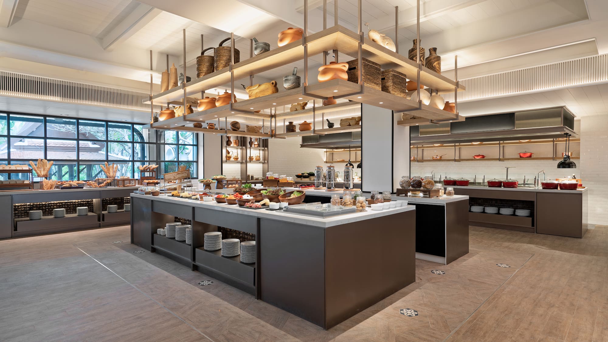 a large room with a buffet