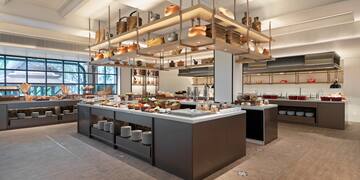 a large room with a buffet