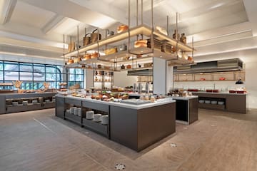 a large room with a buffet